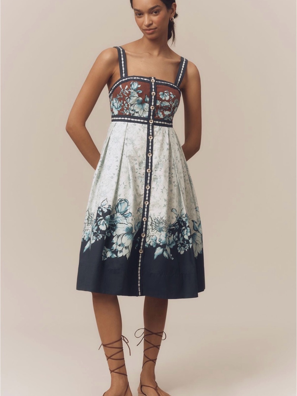 Maeve Navy and White Floral Border Midi Dress